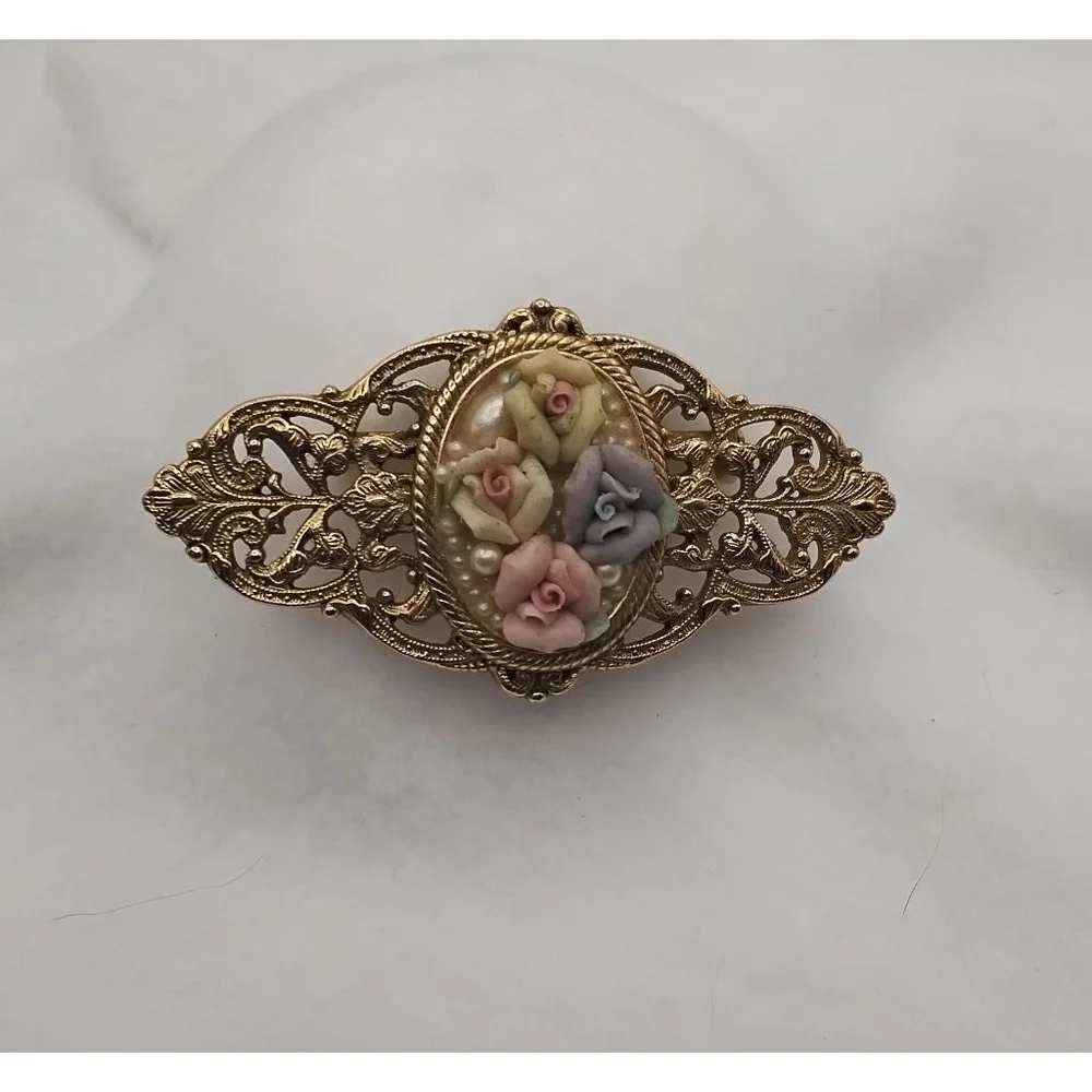 Victorian Porcelain Floral Brooch and Pin Set | Hand Painted Rose Cameo Set |